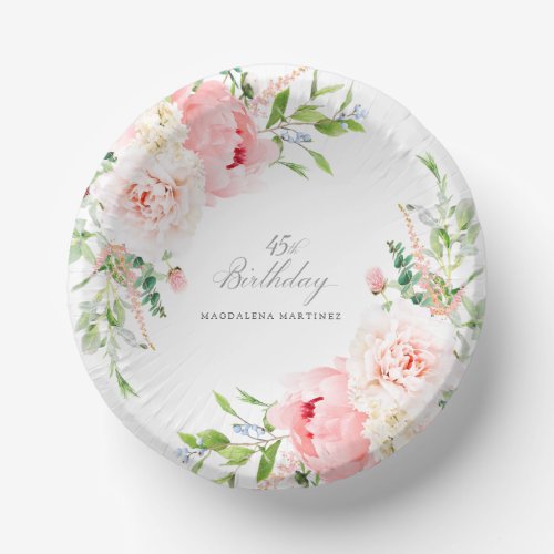 45th Birthday Party Pink Peony Floral Custom Paper Bowls