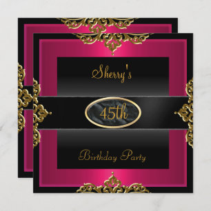 45th Birthday Party Pink Red Black Gold 2 Invitation