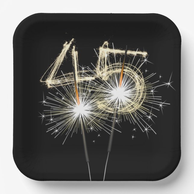 45th Birthday Party Sparklers on Black   Paper Plates (Front)