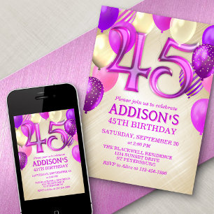 45th Birthday Pink Balloons Invitation