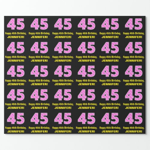 45th Birthday Pink Stripes and Hearts 45  Name Wrapping Paper