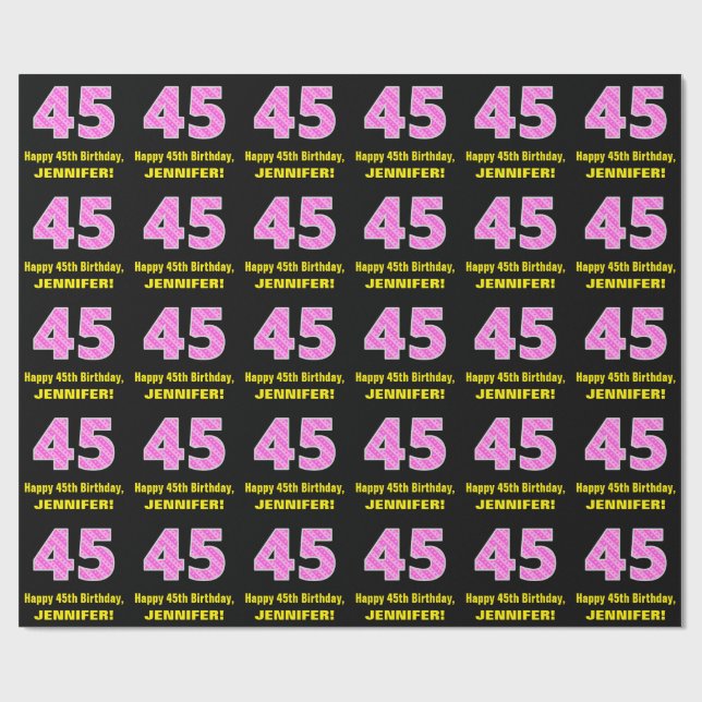 45th Birthday: Pink Stripes and Hearts "45" + Name Wrapping Paper (Flat)