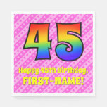 [ Thumbnail: 45th Birthday: Pink Stripes & Hearts, Rainbow # 45 Napkins ]
