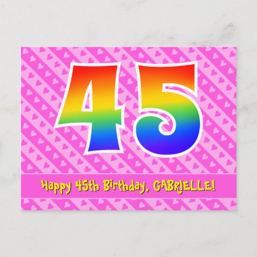 45th Birthday Pink Stripes  Hearts Rainbow 45 Postcard