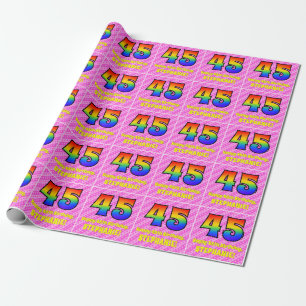 45th Birthday: Pink Stripes & Hearts, Rainbow # 45 Wrapping Paper