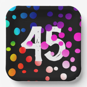 45th Birthday Rainbow Dots on Black Paper Plates