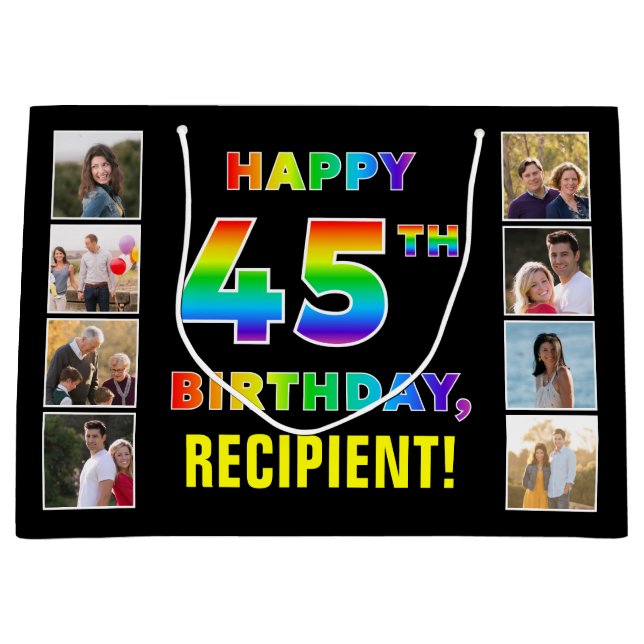 45th Birthday: Rainbow Text, Custom Photos & Name Large Gift Bag (Front)