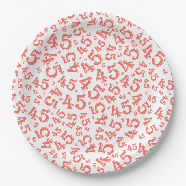 45th Birthday Random Number Pattern Coral/White Paper Plates (Front)