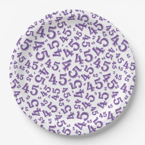 45th Birthday Random Number Pattern PurpleWhite Paper Plates