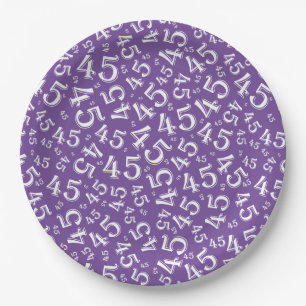 45th Birthday Random Number Pattern Purple/White Paper Plates