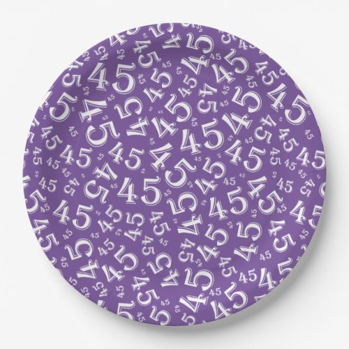 45th Birthday Random Number Pattern PurpleWhite Paper Plates