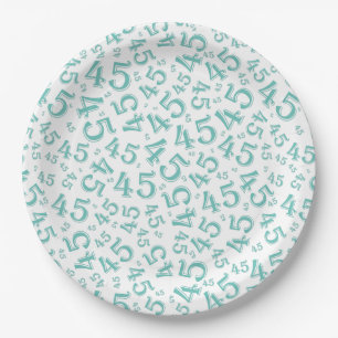 45th Birthday Random Number Pattern Teal/White Paper Plates