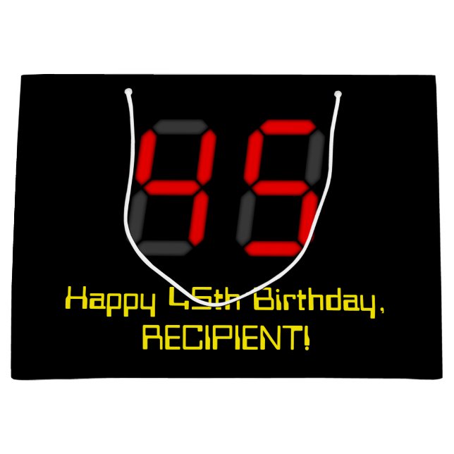 45th Birthday: Red Digital Clock Style "45" + Name Large Gift Bag (Front)