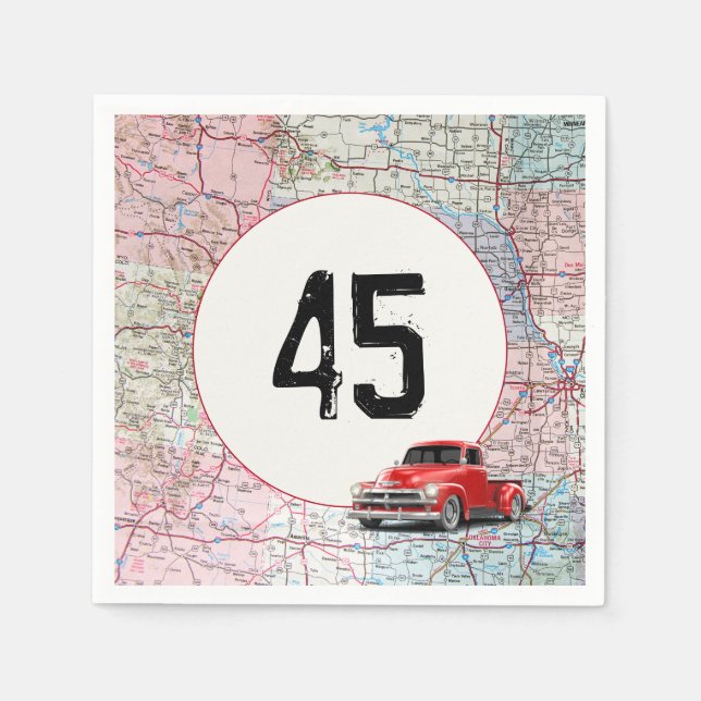 45th Birthday Red Retro Truck on Road Map   Napkins (Front)