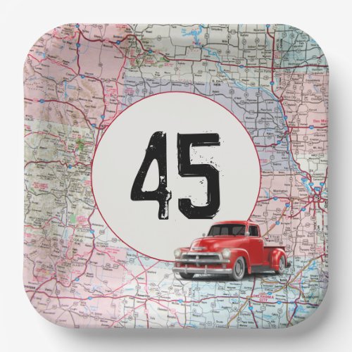 45th Birthday Red Retro Truck on Road Map  Paper Plates