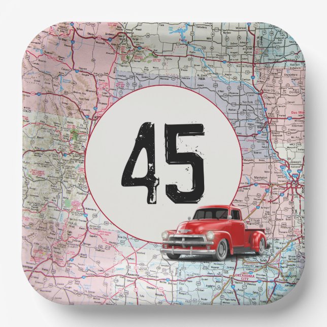 45th Birthday Red Retro Truck on Road Map  Paper Plates (Front)