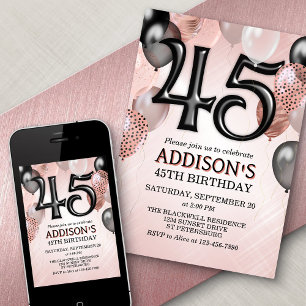 45th Birthday Rose Gold Balloons Invitation
