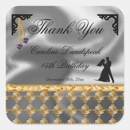 45th Birthday Thank You Silver Foil Gold Damask Square Sticker