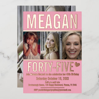 45th birthday three photos soft pink and rose gold foil invitation