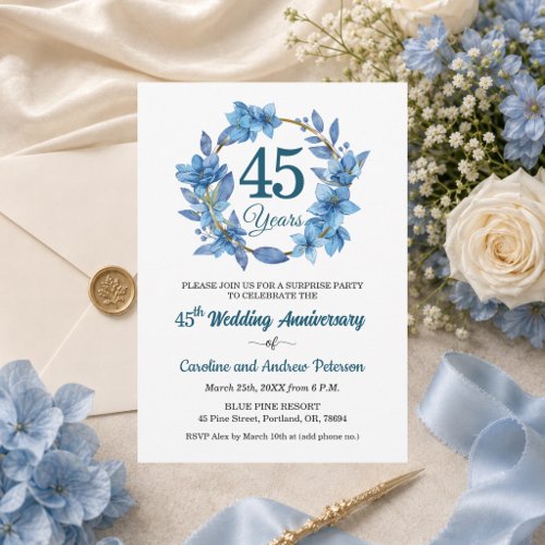 45th Blue Floral Surprise Wedding Anniversary  Invitation