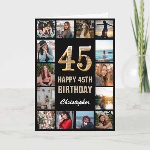 45th Happy Birthday Black and Gold Photo Collage Card
