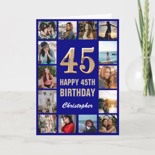 45th Happy Birthday Navy Blue  Gold Photo Collage Card