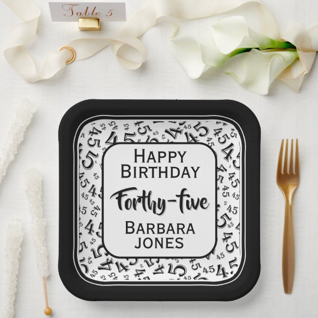 45th Party Random Number Pattern Black/White Paper Plates (Wedding)