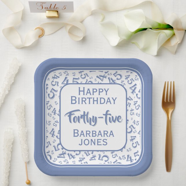 45th Party Random Number Pattern Blue/White Paper Plates (Wedding)