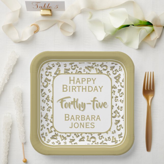 45th Party Random Number Pattern Gold/White Paper Plates (Wedding)