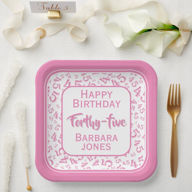 45th Party Random Number Pattern Pink/White Paper Plates (Wedding)