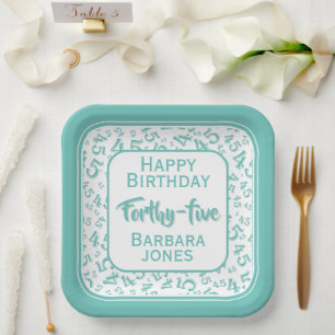 45th Party Random Number Pattern Teal/White Paper Plates