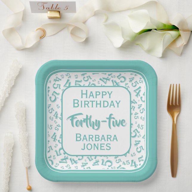 45th Party Random Number Pattern Teal/White Paper Plates (Wedding)
