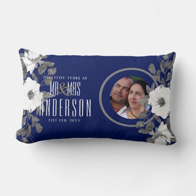 45th PHOTO Wedding Anniversary Floral Sapphire Lumbar Pillow (Front)