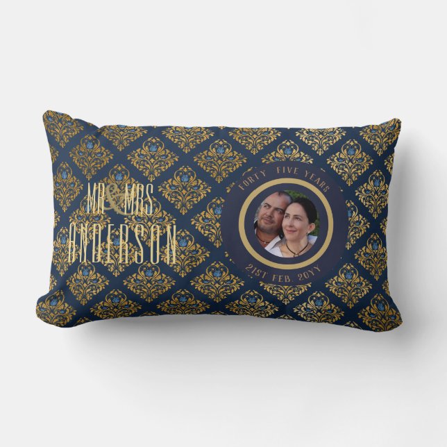 45th PHOTO Wedding Anniversary Modern Blue Gold Lumbar Pillow (Front)