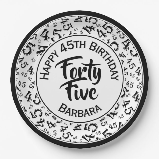 45th Random Number Pattern Black White Paper Plates (Front)