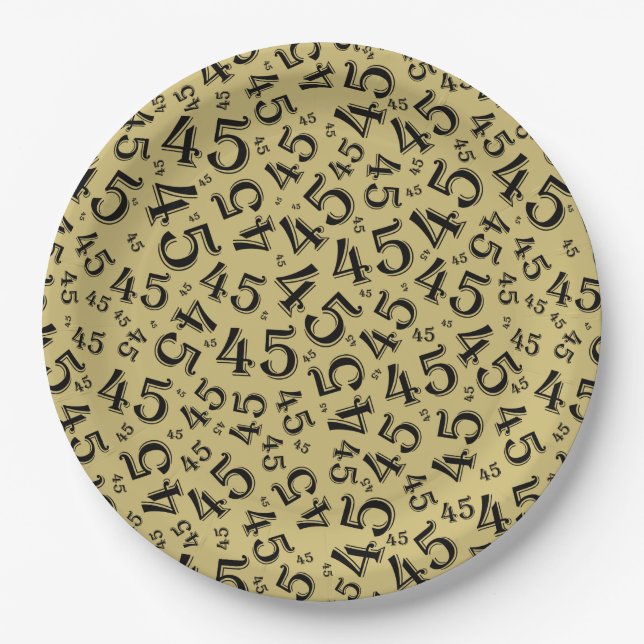 45th Random Number Pattern Gold/Black Paper Plates (Front)