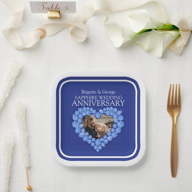 45th Sapphire Anniversary photo heart square Paper Plates (Wedding)