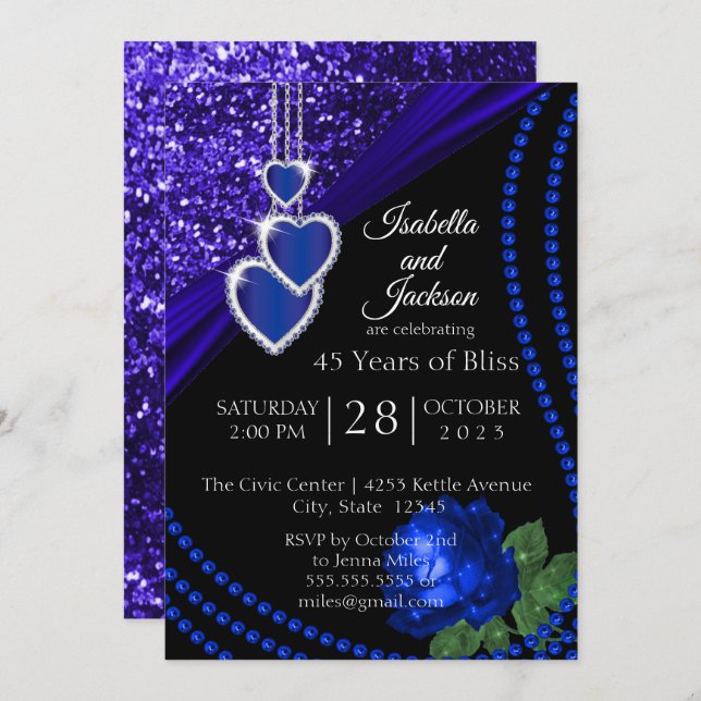 45th Sapphire Blue Glitter and Rose Anniversary Invitation (Front/Back)