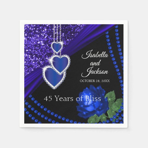 45th Sapphire Blue Glitter and Rose Anniversary Napkins