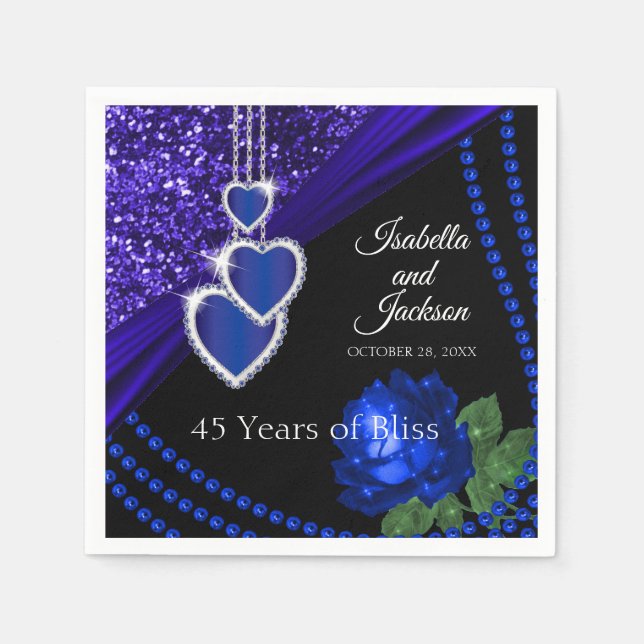 45th Sapphire Blue Glitter and Rose Anniversary Napkins (Front)