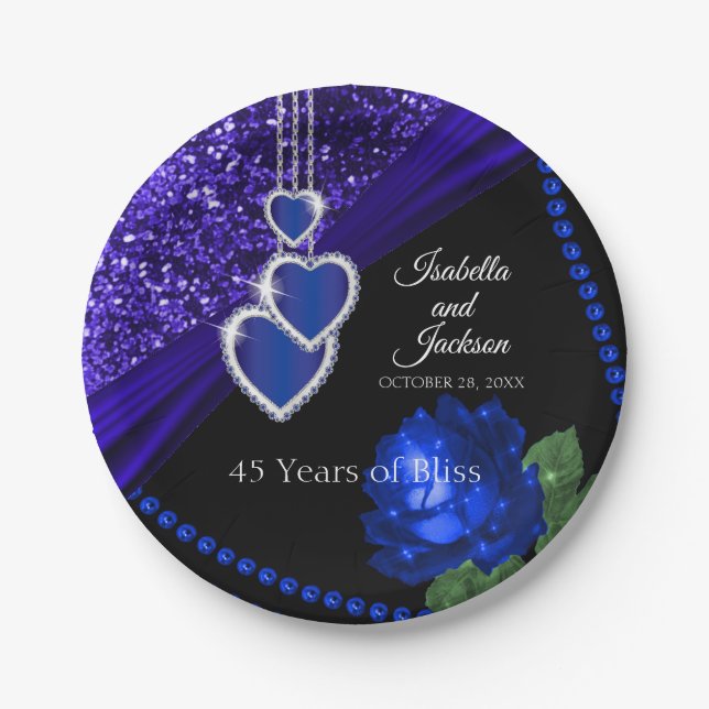 45th Sapphire Blue Glitter and Rose Anniversary Paper Plates (Front)