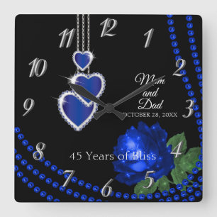 45th Sapphire Blue Rose Anniversary Square Wall Clock