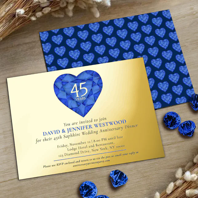 45th Sapphire blue Wedding Anniversary heart Foil Invitation | Zazzle