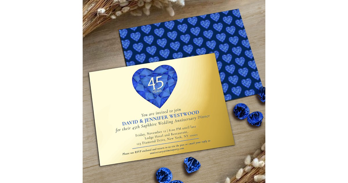 45th Sapphire blue Wedding Anniversary heart Foil Invitation | Zazzle