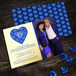 45th Sapphire blue Wedding Anniversary heart photo Foil Invitation
