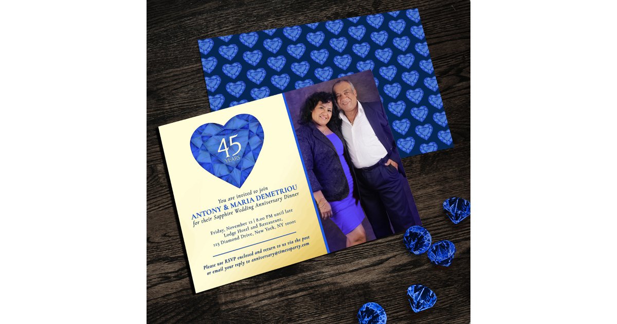 45th Sapphire blue Wedding Anniversary heart photo Foil Invitation | Zazzle