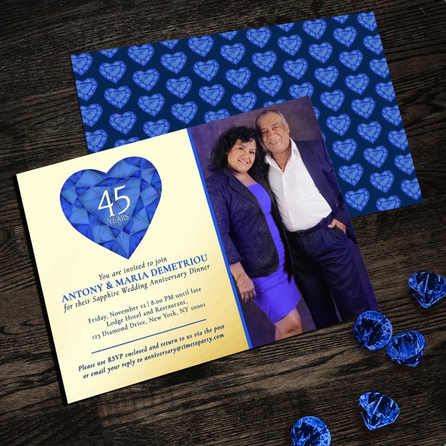 45th Sapphire blue Wedding Anniversary heart photo Foil Invitation (Creator Uploaded)