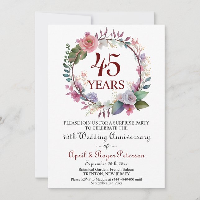 45th Sapphire Surprise Wedding Anniversary Floral Invitation (Front)
