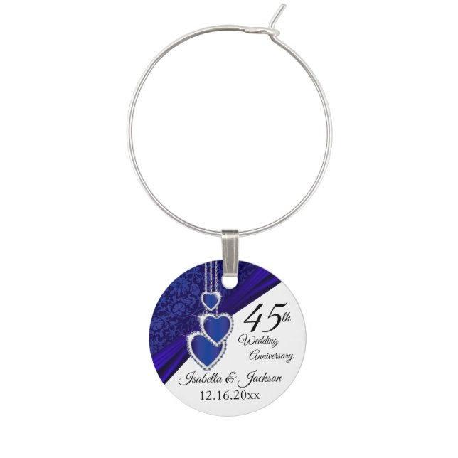 45th Sapphire Wedding Anniversary Design Wine Charm (Front)
