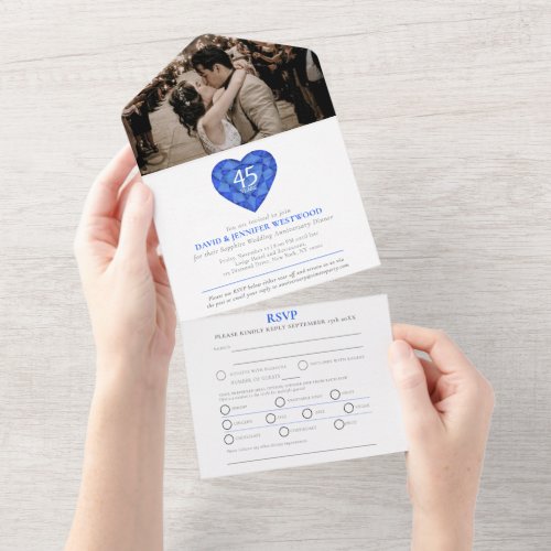 45th sapphire wedding anniversary heart blue photo all in one invitation